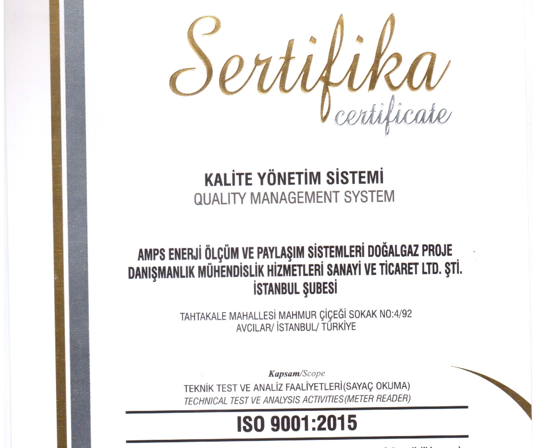 AMPS Enerji / OSOS Technology ISO 9001:2015 Quality Management System certificate, actual document photo