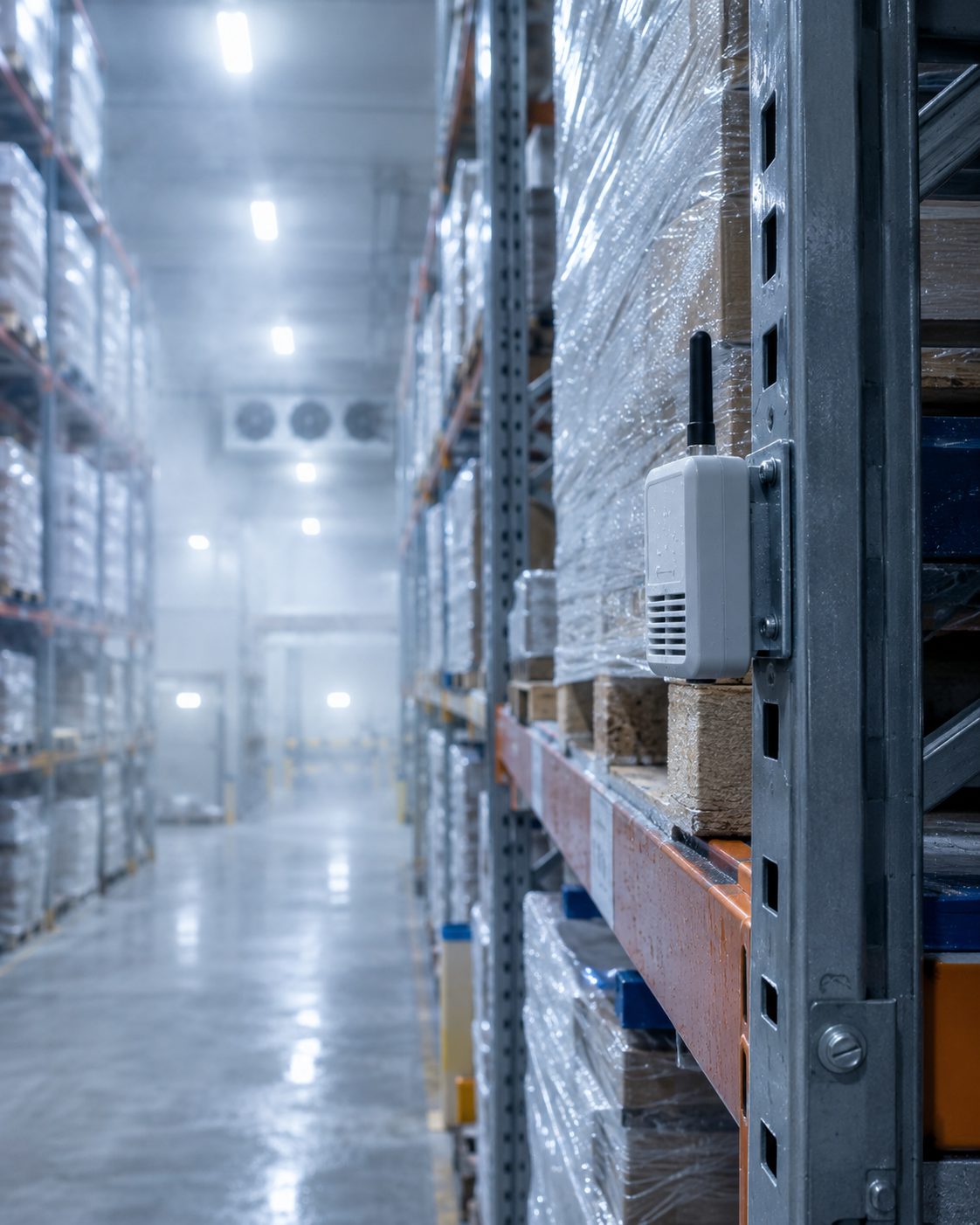 LoRa temperature sensor on a cold storage shelving system