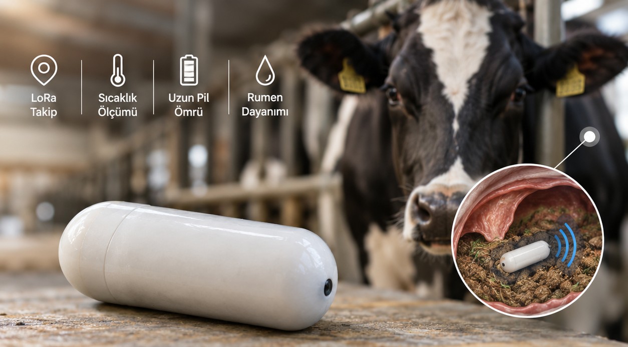 LoRaWAN bio-capsule resting near a dairy cow, with a cutaway view of its placement in the rumen