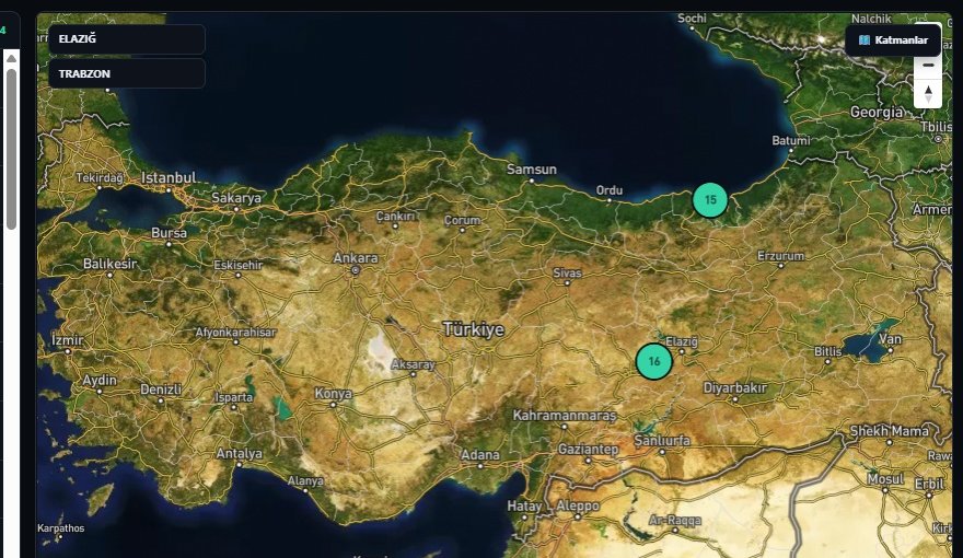OSOS Platform Operations Center map — live-tracked device counts in the Trabzon and Elazığ regions